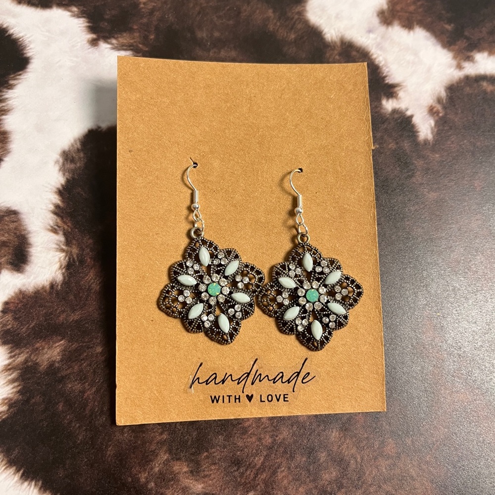 Handmade Floral Earrings with Turquoise and Green Accents